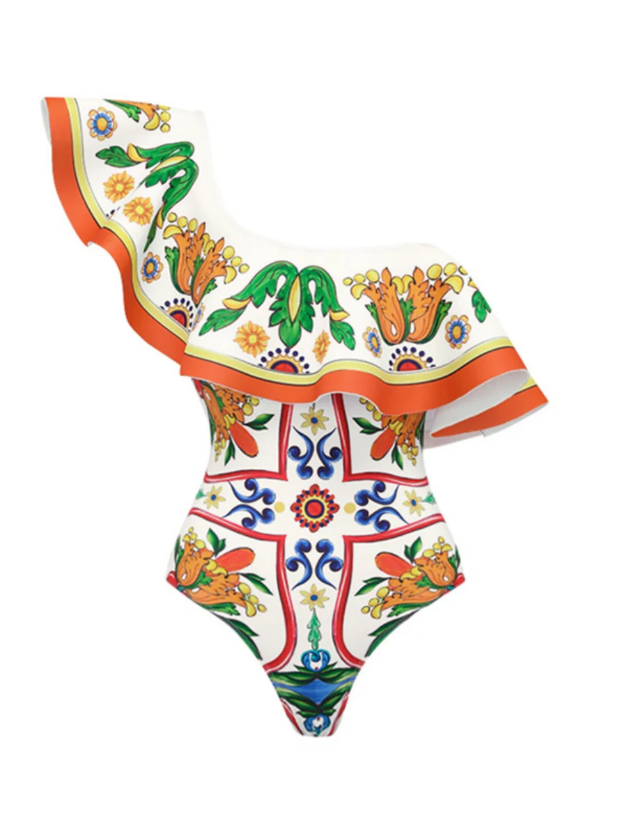 One-shoulder Ruffled Printed Swimsuit And Sun-protective Long Dress Two-piece Set - Image 2