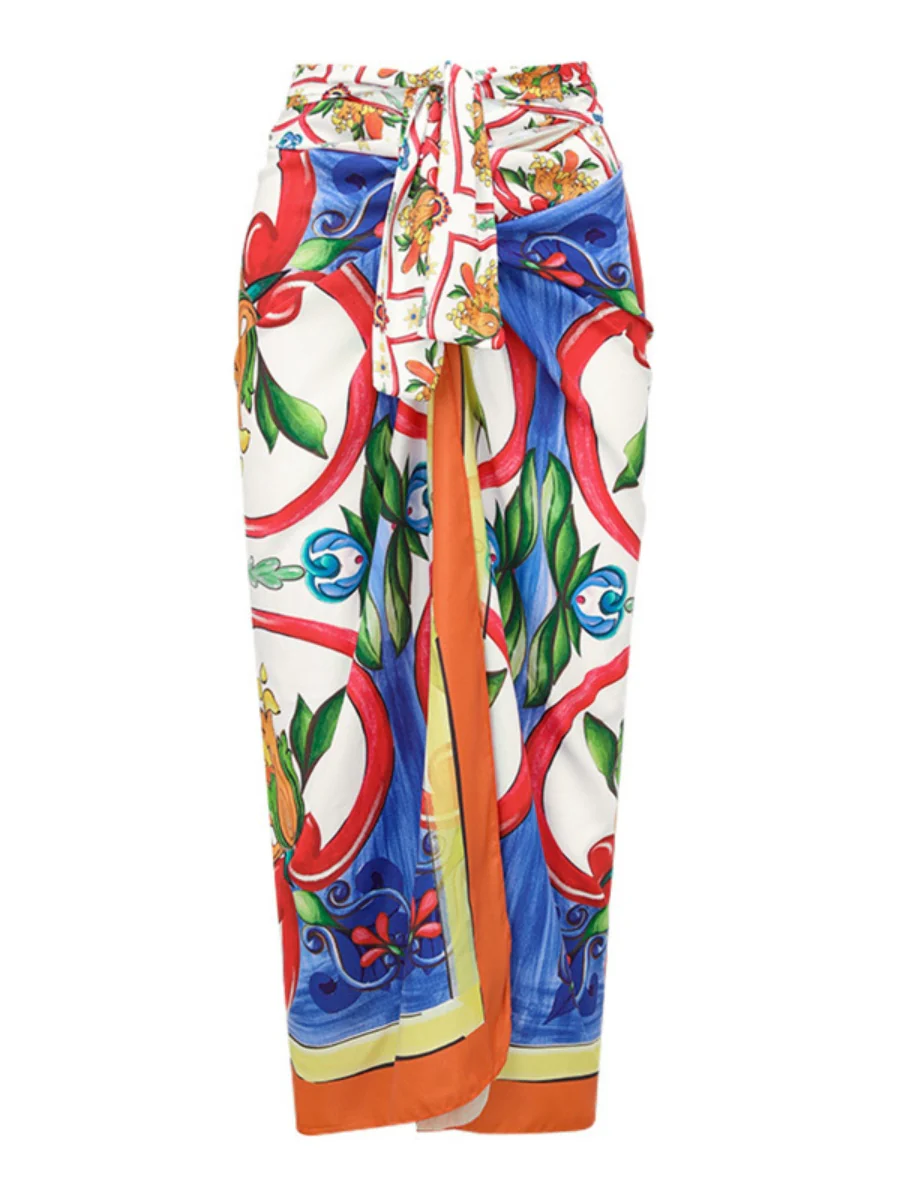 One-shoulder Ruffled Printed Swimsuit And Sun-protective Long Dress Two-piece Set - Image 3