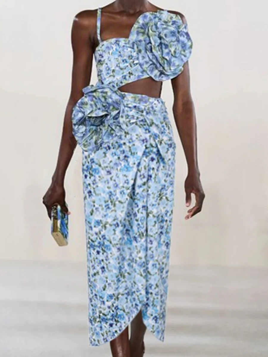 Floral-decorated Hollowed-out One-piece Swimsuit And Sun-protective Long Dress Two-piece Set - Image 2