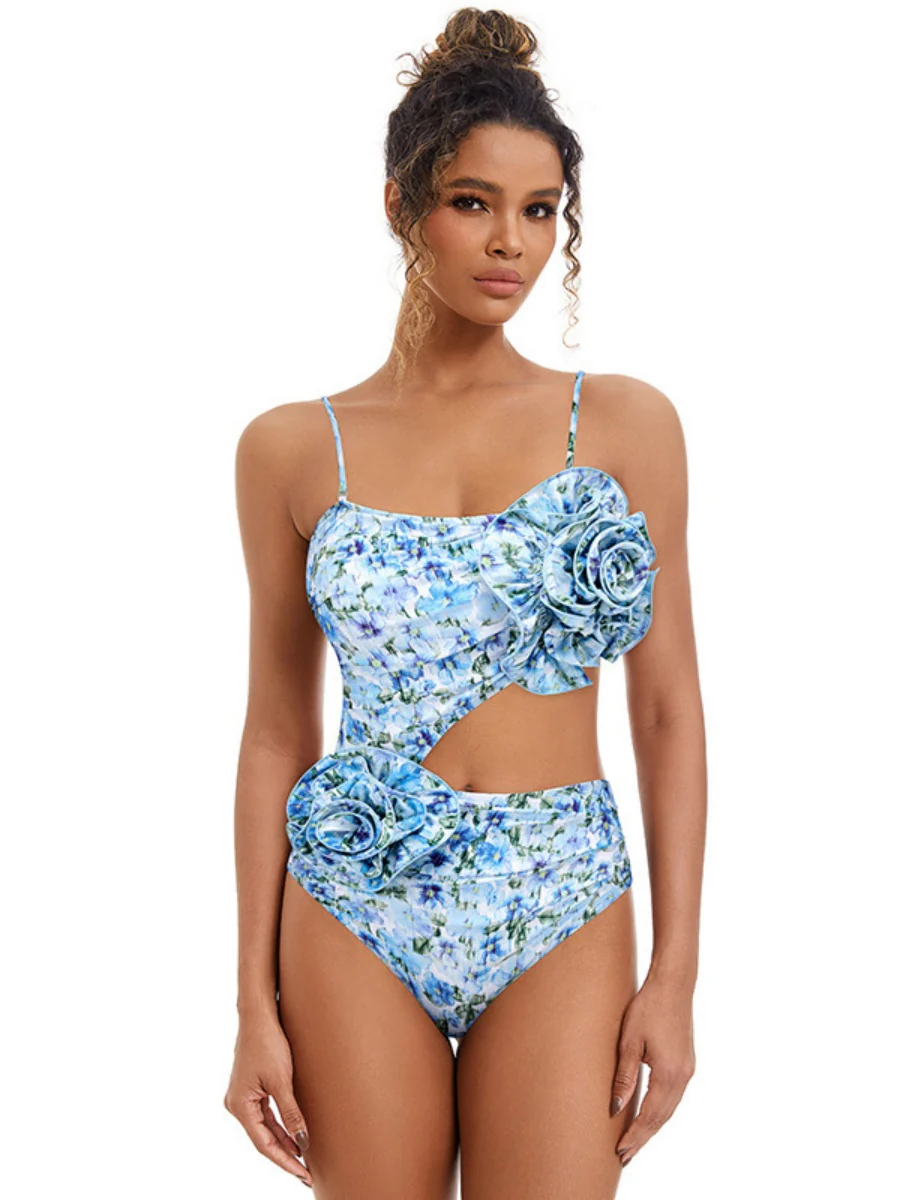 Floral-decorated Hollowed-out One-piece Swimsuit And Sun-protective Long Dress Two-piece Set - Image 3