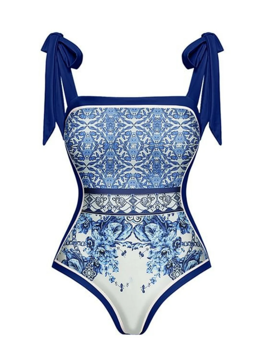 Blue And White Porcelain Print Bow Tie One-piece Swimsuit Sun Protection Long Dress Two-piece Set - Image 5
