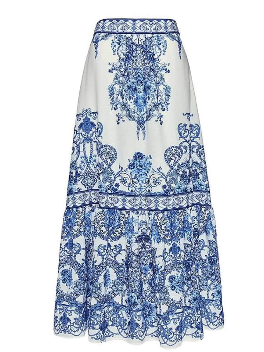 Blue And White Porcelain Print Bow Tie One-piece Swimsuit Sun Protection Long Dress Two-piece Set - Image 6