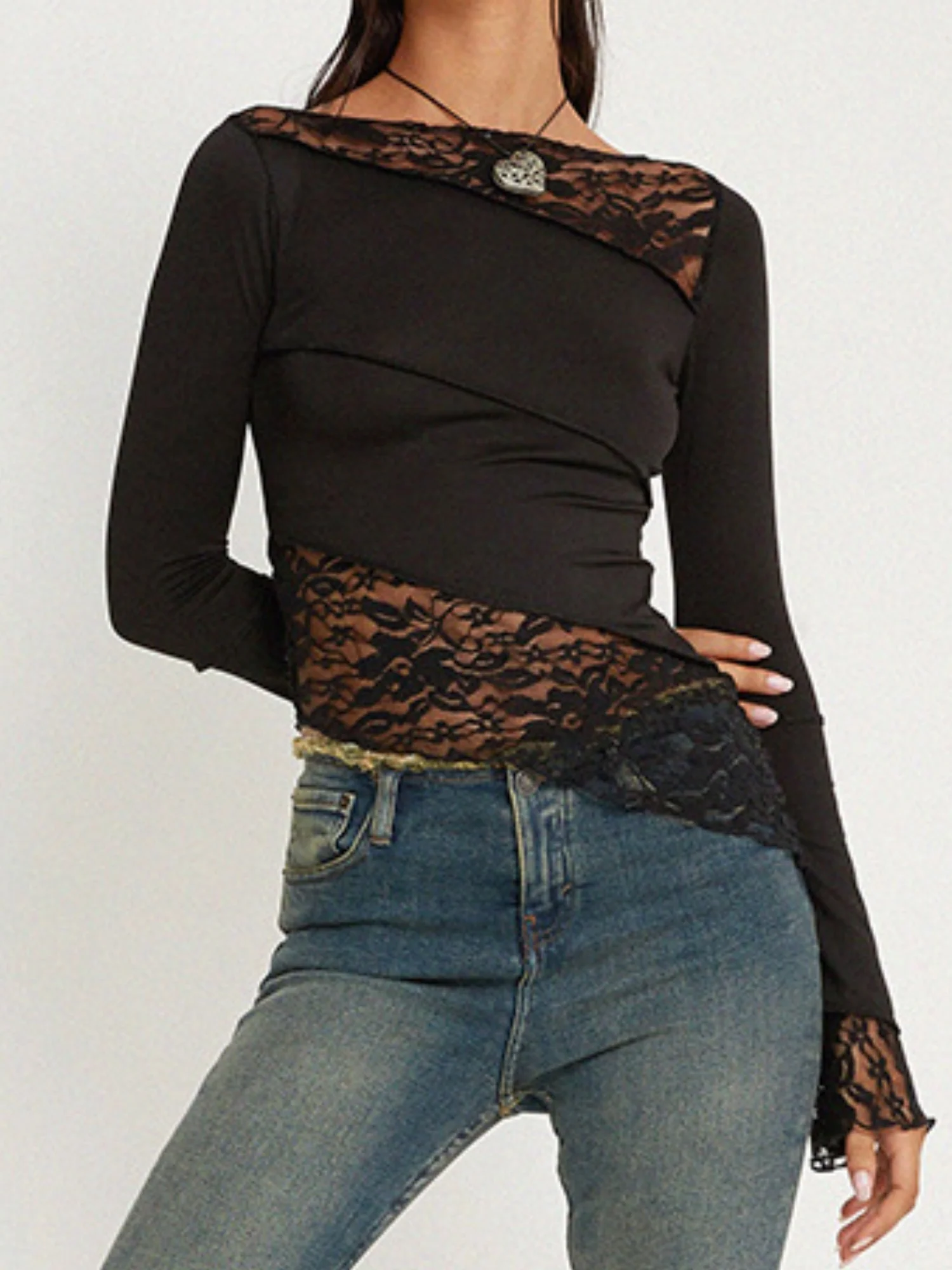 Lace Patchwork Long-sleeved T-shirt - Image 4