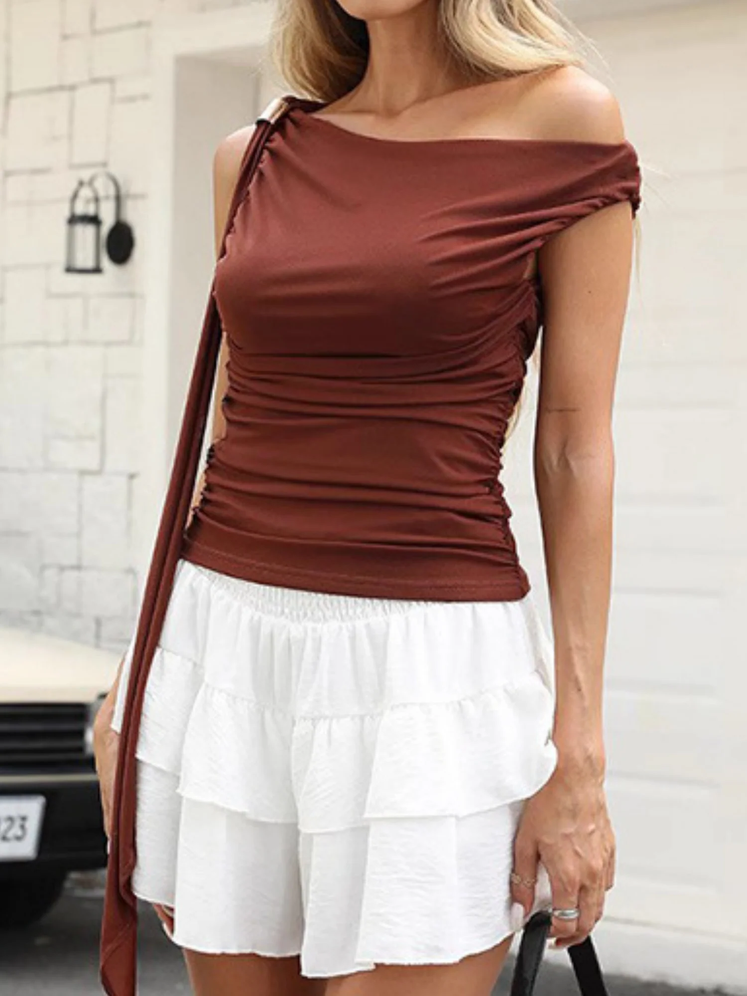 Double-layer Mesh Pleated Ribbon T-shirts - Image 5