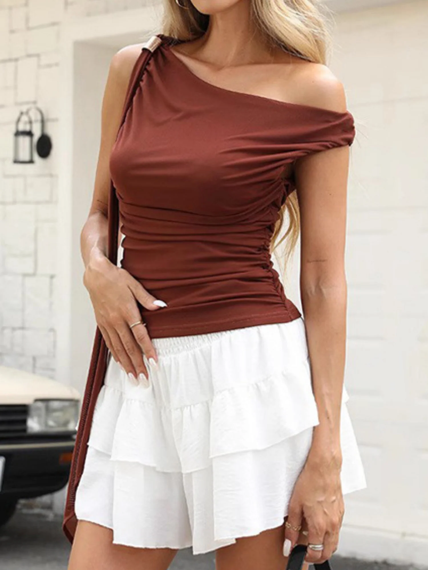 Double-layer Mesh Pleated Ribbon T-shirts - Image 6