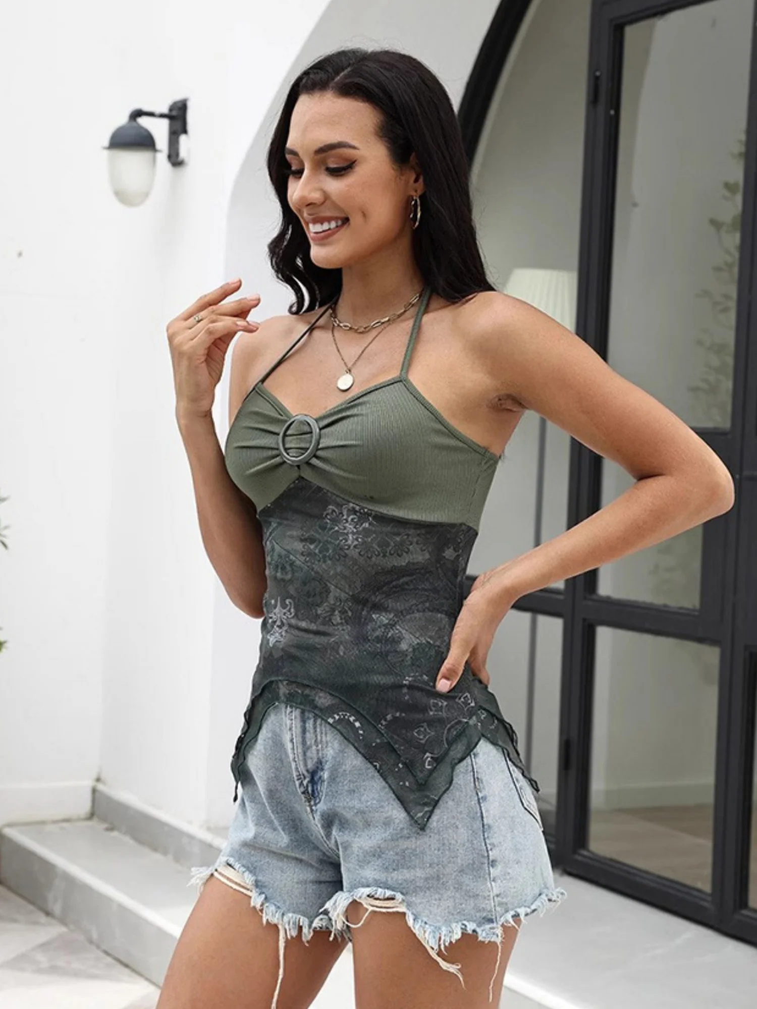 Printed Patchwork Halter V-neck Irregular Tank Top - Image 2