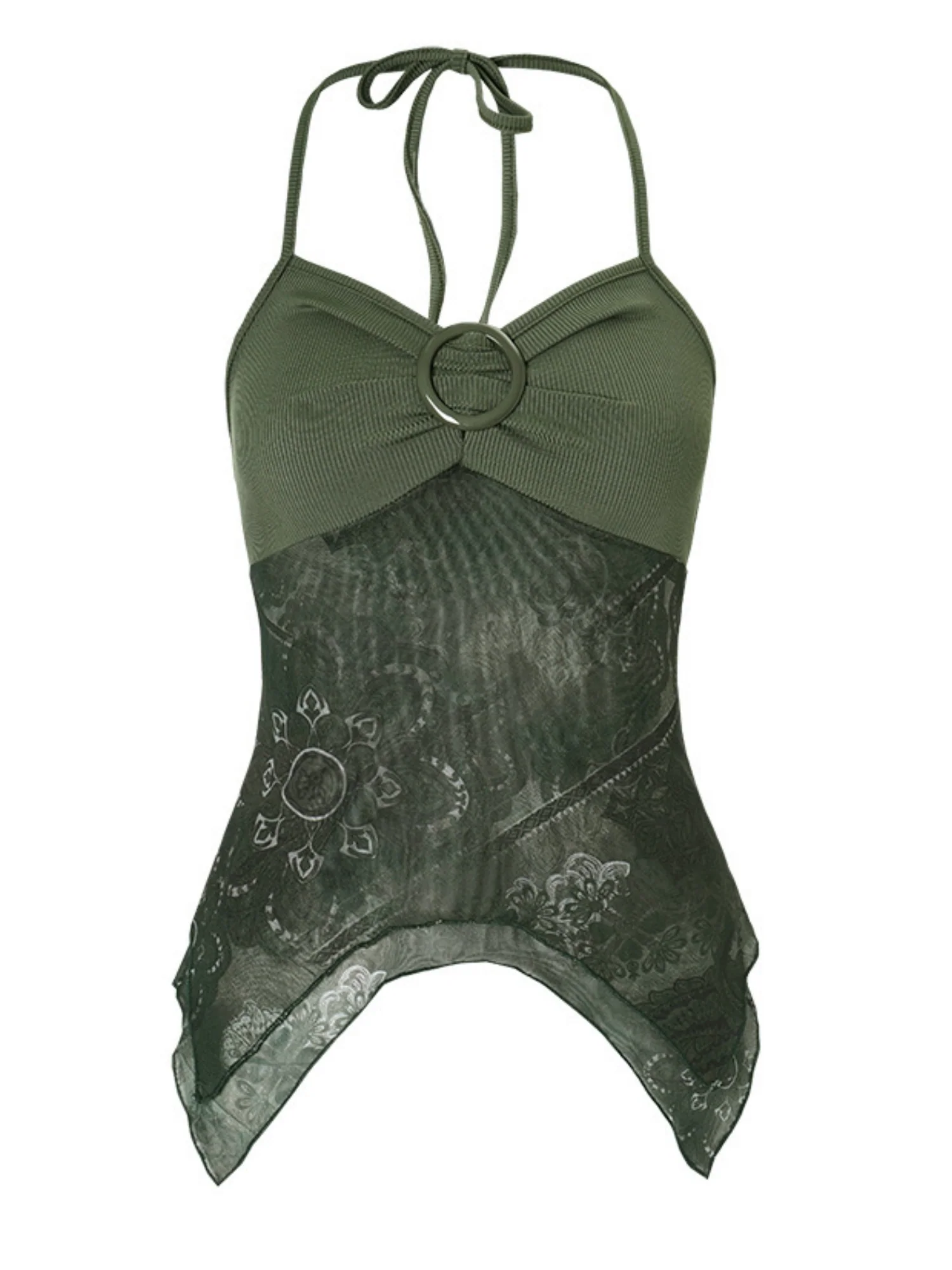 Printed Patchwork Halter V-neck Irregular Tank Top - Image 4