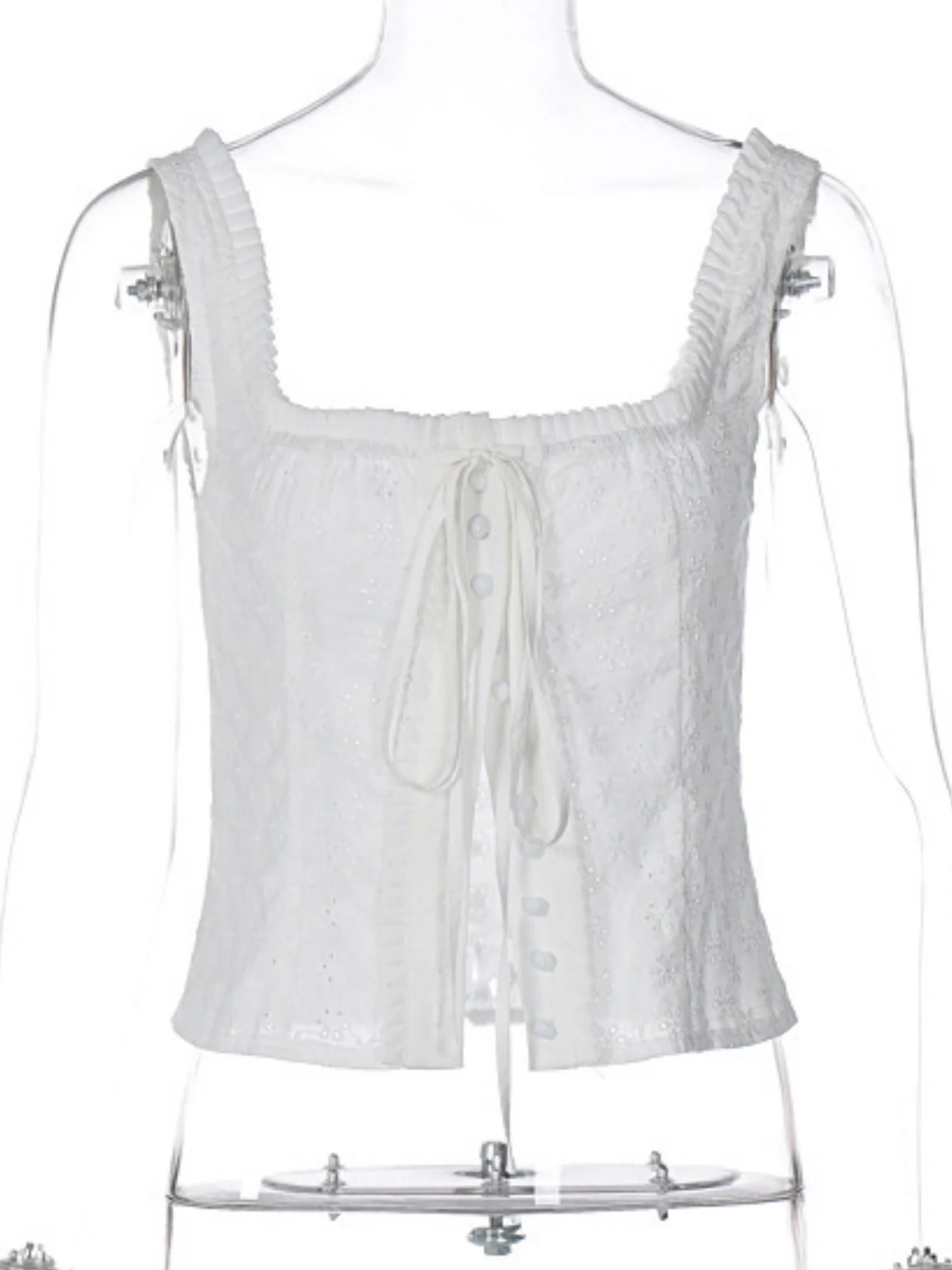 Lace Trim Square Neck Button Drawstring Camisoles - Image 5