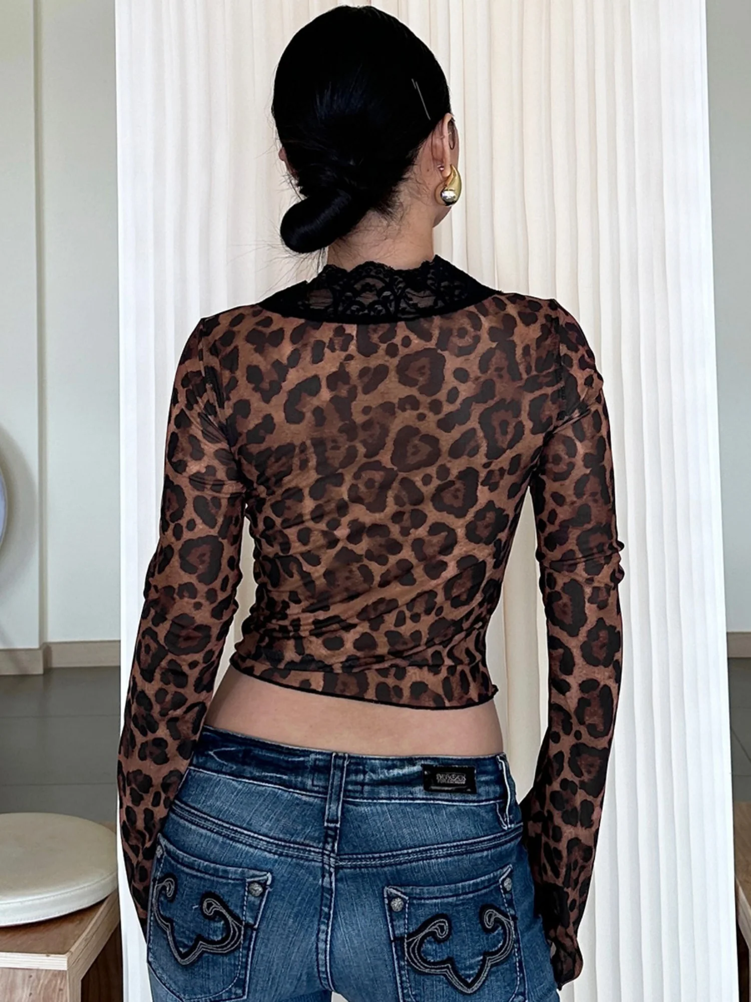Leopard Print Mesh Lace Patchwork Long-sleeved T-shirt - Image 2