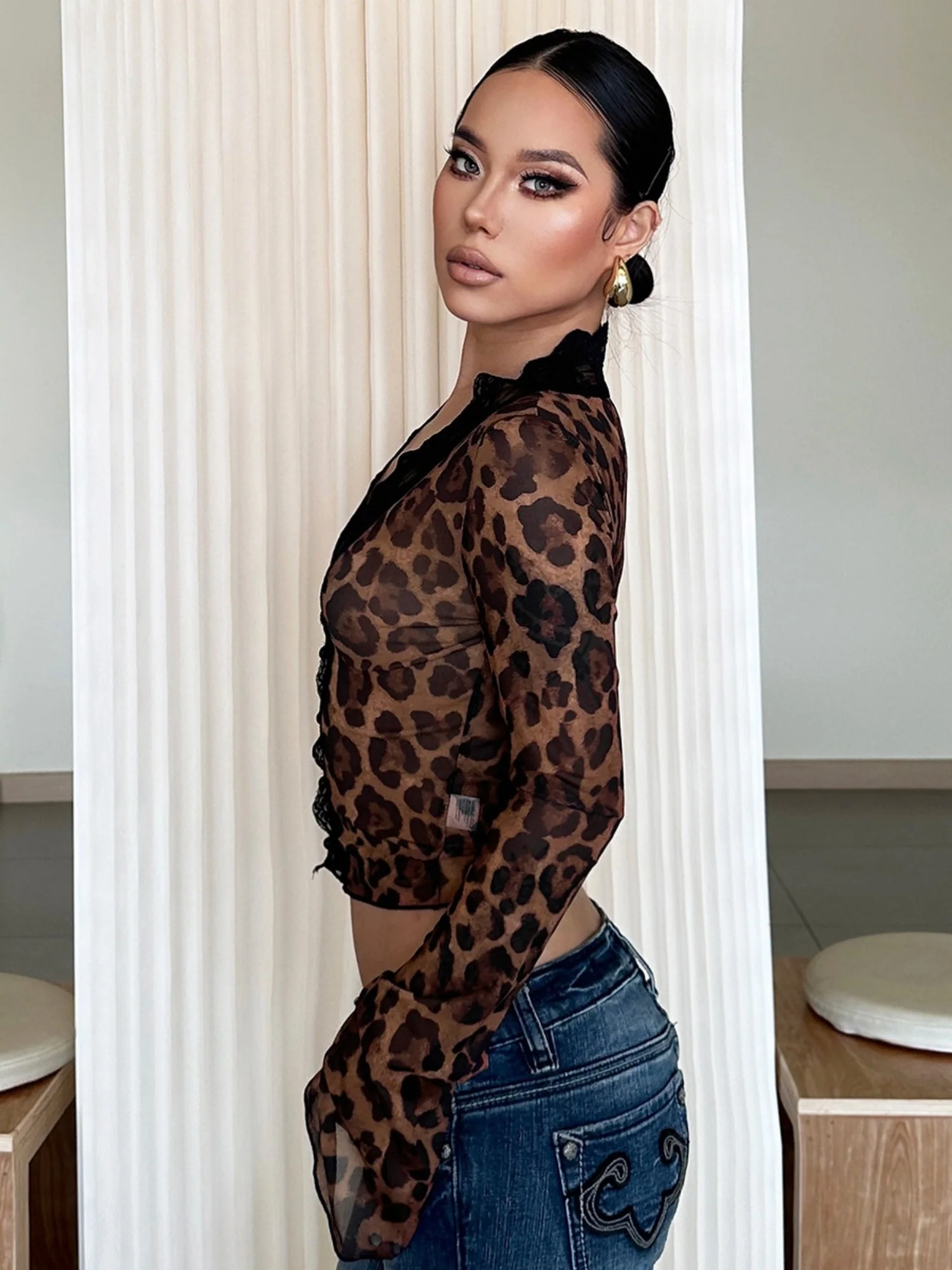 Leopard Print Mesh Lace Patchwork Long-sleeved T-shirt - Image 3