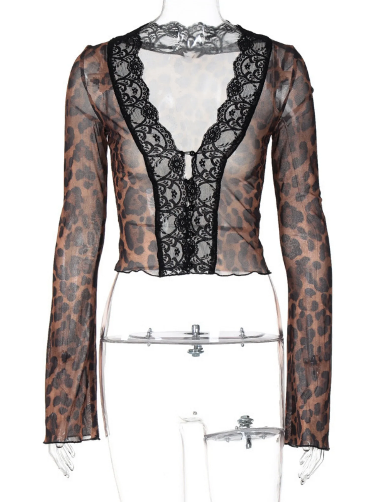 Leopard Print Mesh Lace Patchwork Long-sleeved T-shirt - Image 4