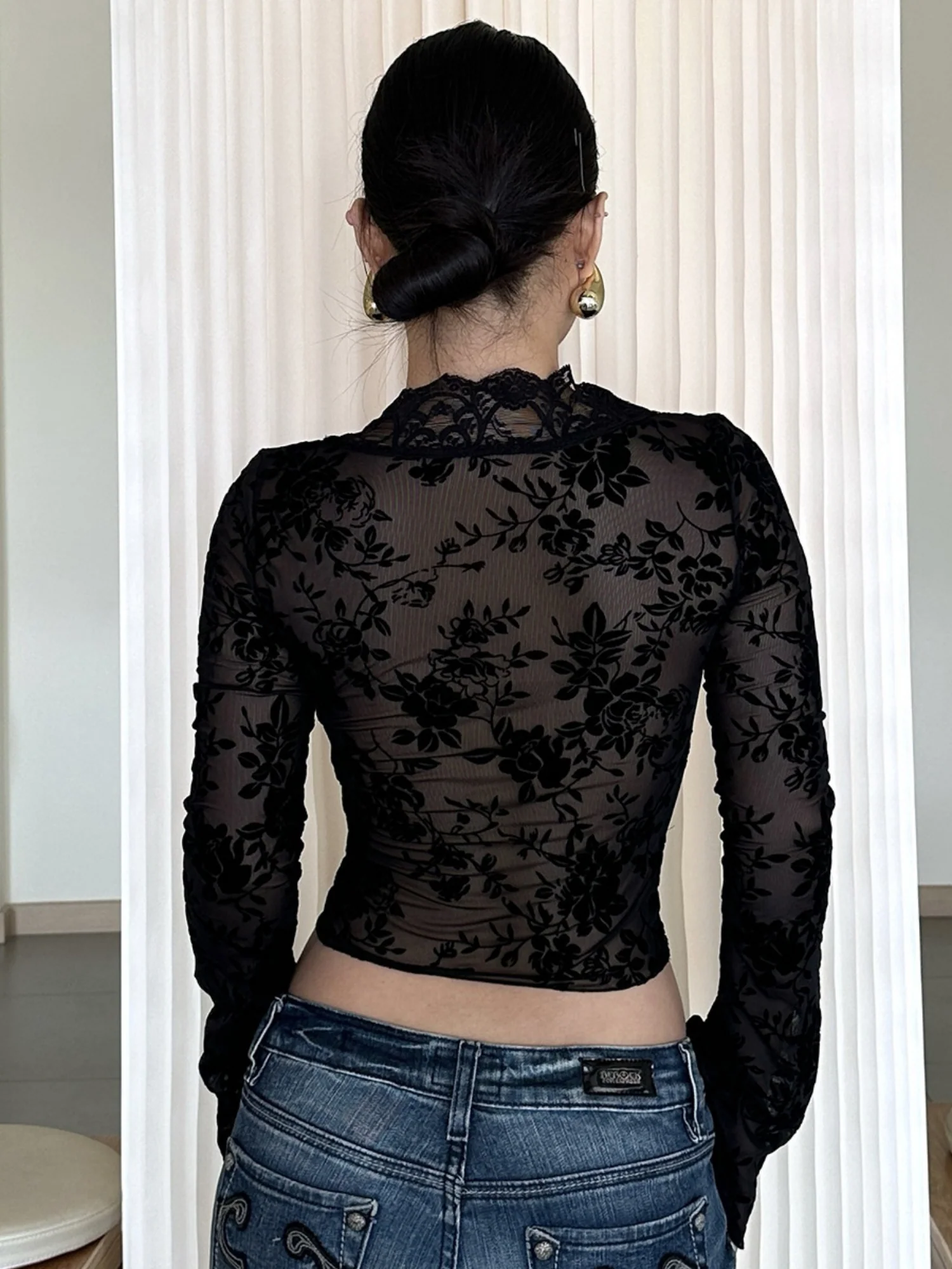 Leopard Print Mesh Lace Patchwork Long-sleeved T-shirt - Image 6
