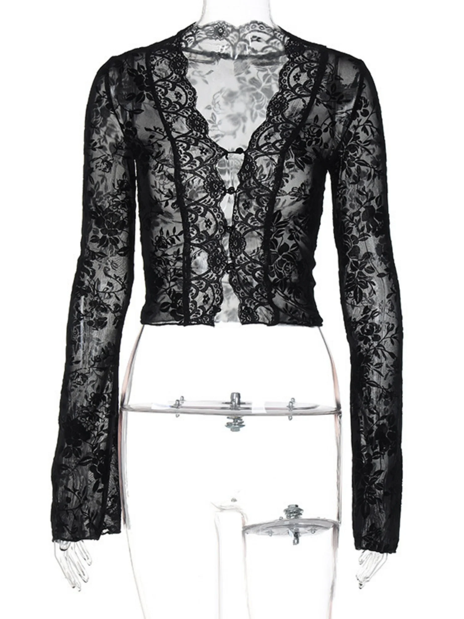 Leopard Print Mesh Lace Patchwork Long-sleeved T-shirt - Image 8