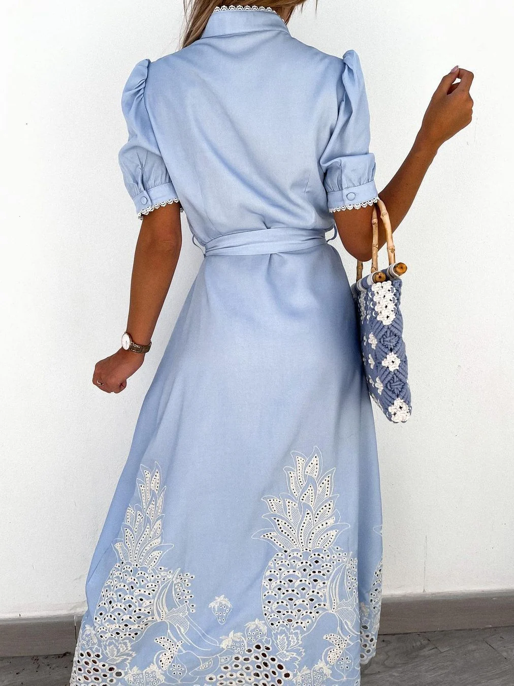 Hollow-out Short-sleeved Belted Long Dress - Image 2