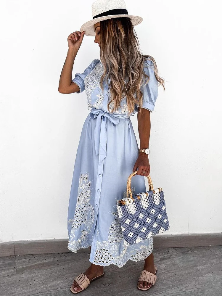 Hollow-out Short-sleeved Belted Long Dress - Image 3