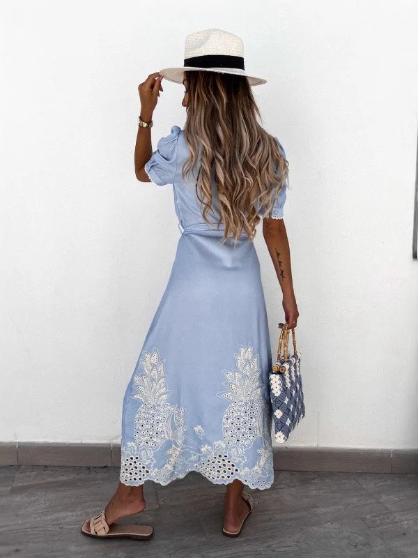 Hollow-out Short-sleeved Belted Long Dress - Image 4