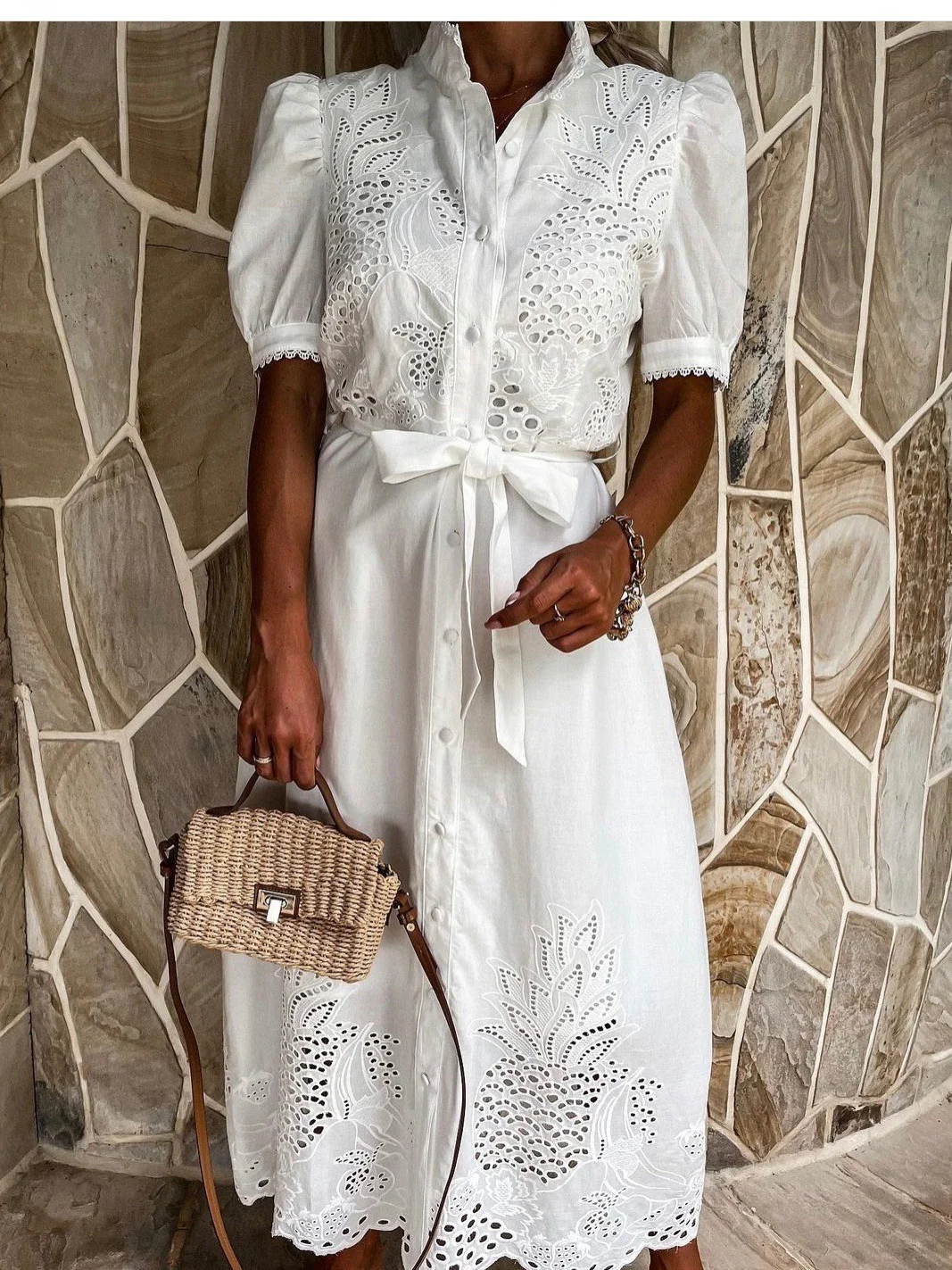 Hollow-out Short-sleeved Belted Long Dress - Image 6