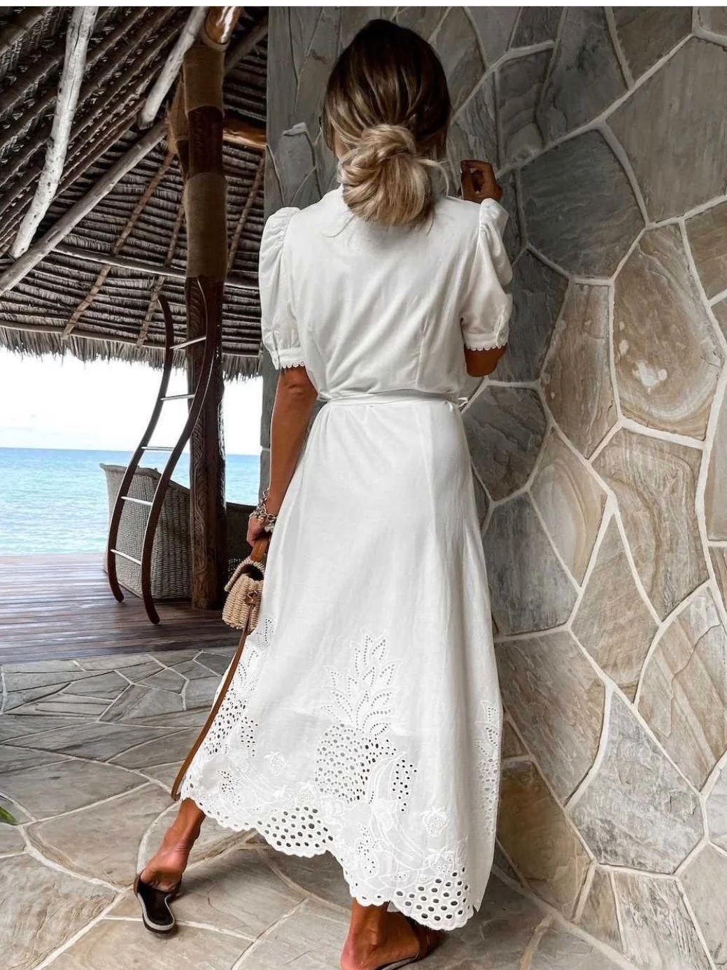 Hollow-out Short-sleeved Belted Long Dress - Image 7