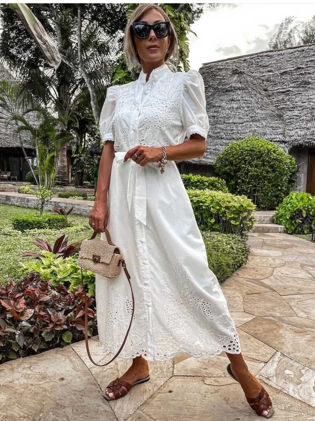 Hollow-out Short-sleeved Belted Long Dress - Image 8