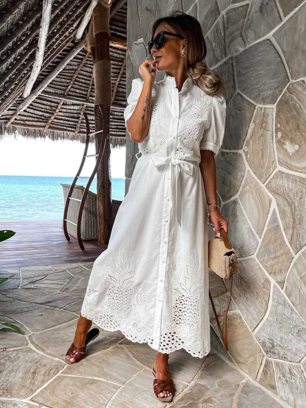 Hollow-out Short-sleeved Belted Long Dress - Image 9