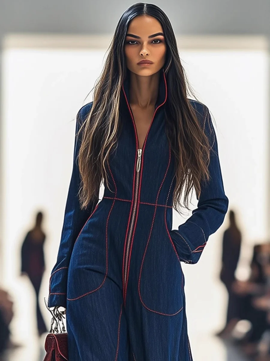 Slim-fit V-neck Casual Denim Jumpsuit With Large Pockets - Image 2
