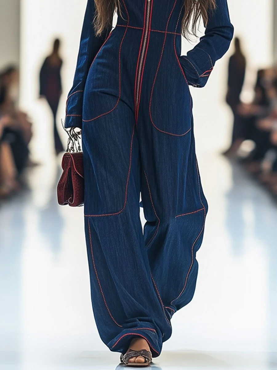 Slim-fit V-neck Casual Denim Jumpsuit With Large Pockets - Image 3