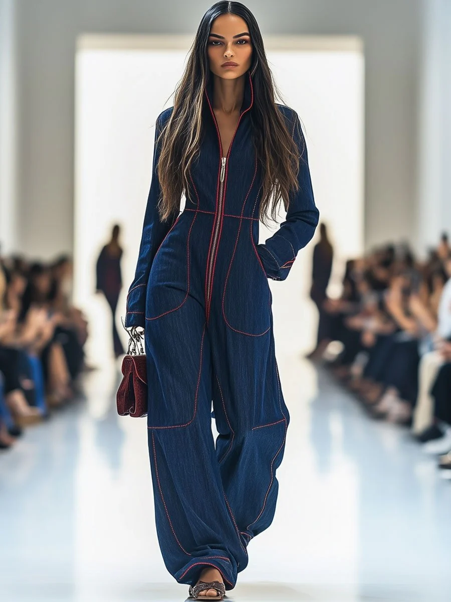Slim-fit V-neck Casual Denim Jumpsuit With Large Pockets - Image 4