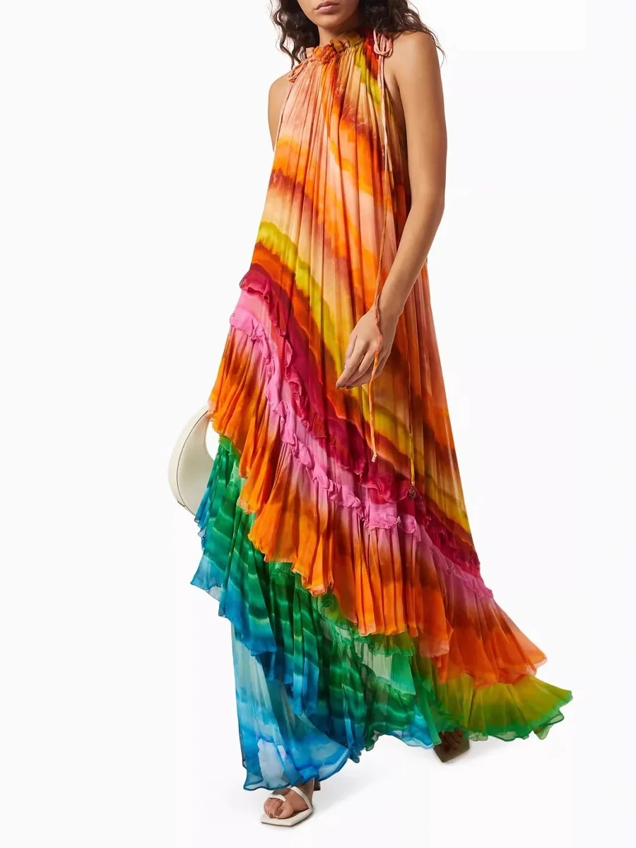 Gradient Print Sexy Off-Shoulder Puffy Long Dress - Image 3
