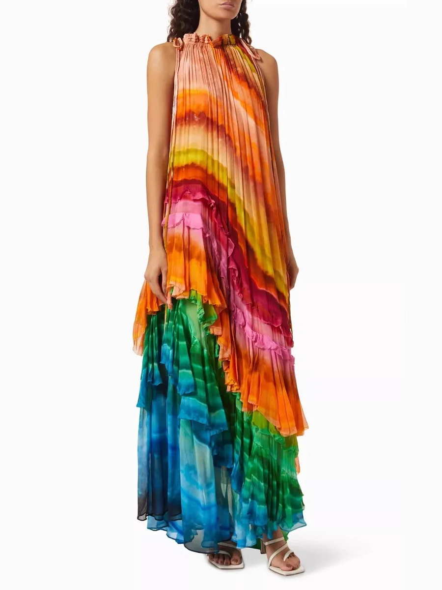 Gradient Print Sexy Off-Shoulder Puffy Long Dress - Image 4