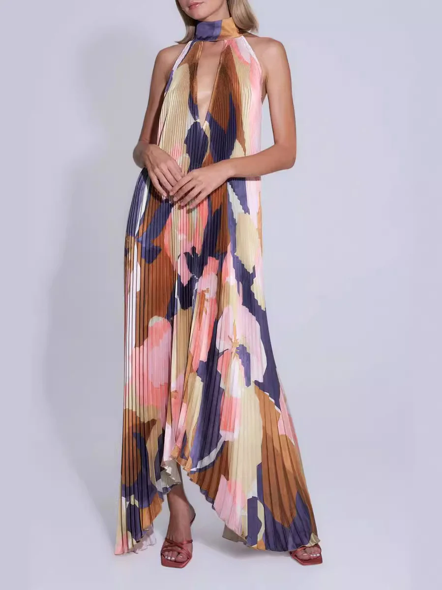 V-neck Halter-neck Backless Sleeveless Printed Pleated Maxi Dress