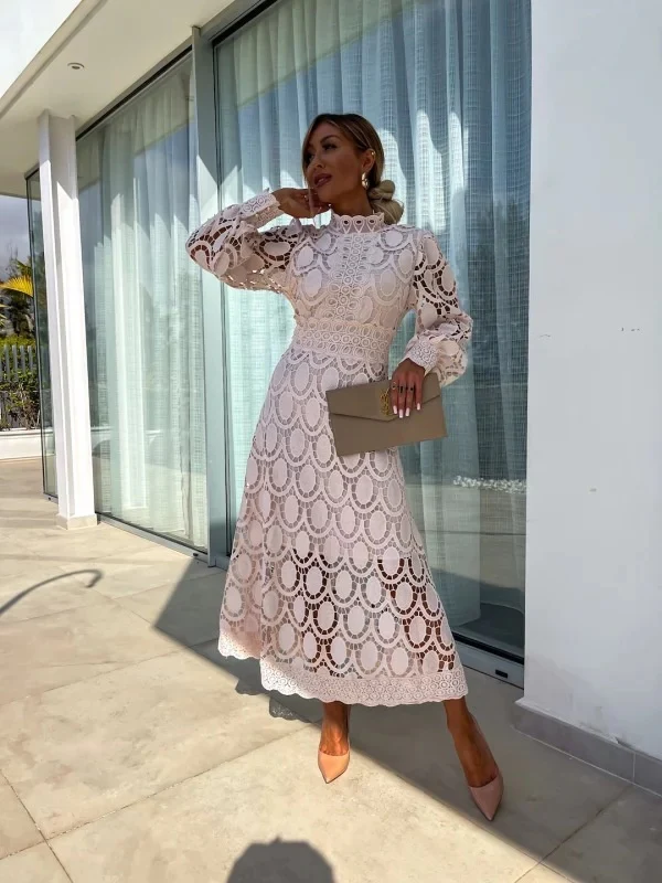 Hollow-out Long-sleeved Stand-up Collar Short Dress With Lace Trim - Image 10