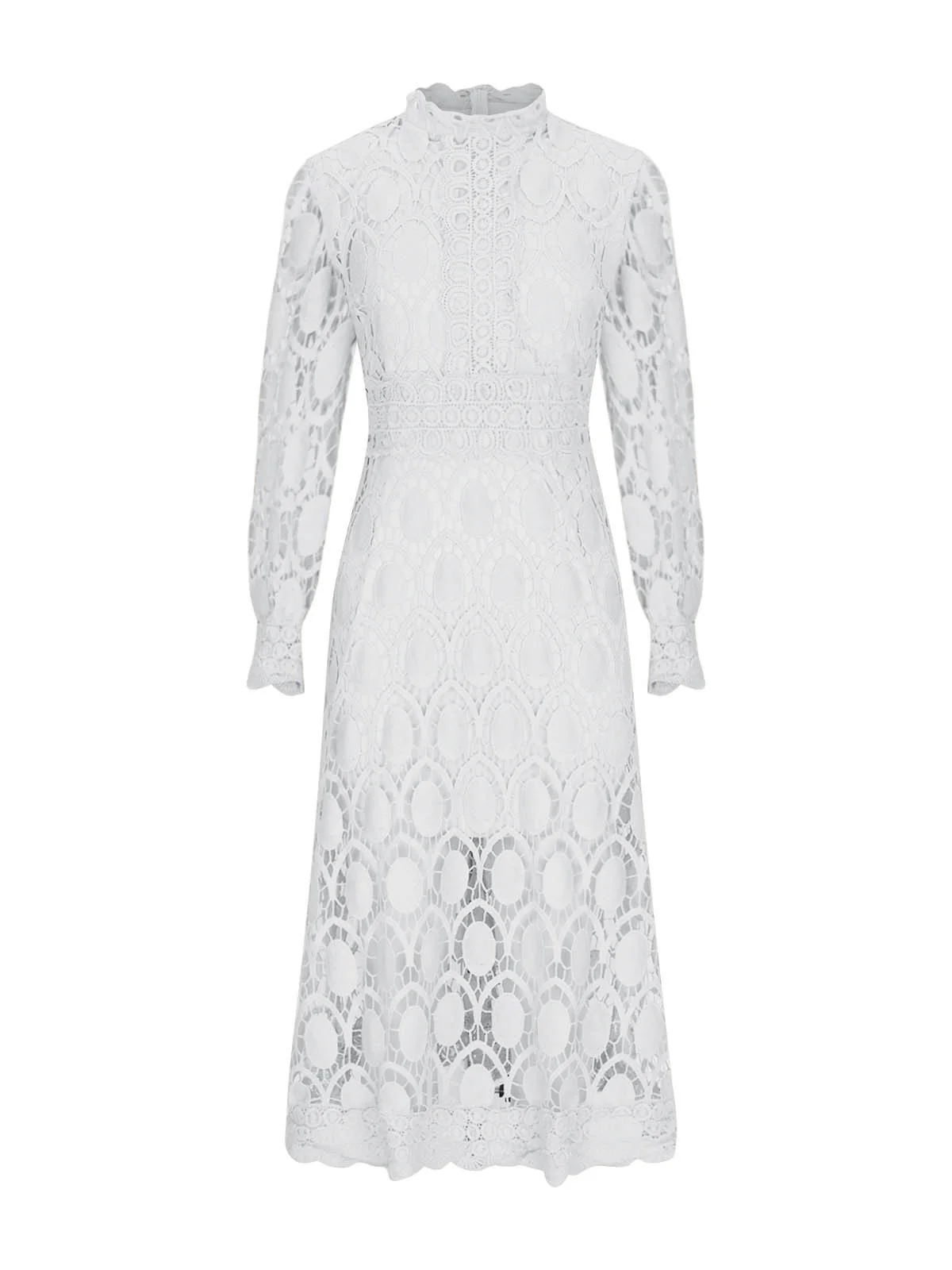 Hollow-out Long-sleeved Stand-up Collar Short Dress With Lace Trim - Image 2