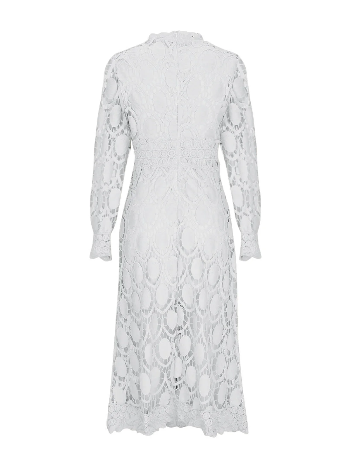 Hollow-out Long-sleeved Stand-up Collar Short Dress With Lace Trim - Image 3