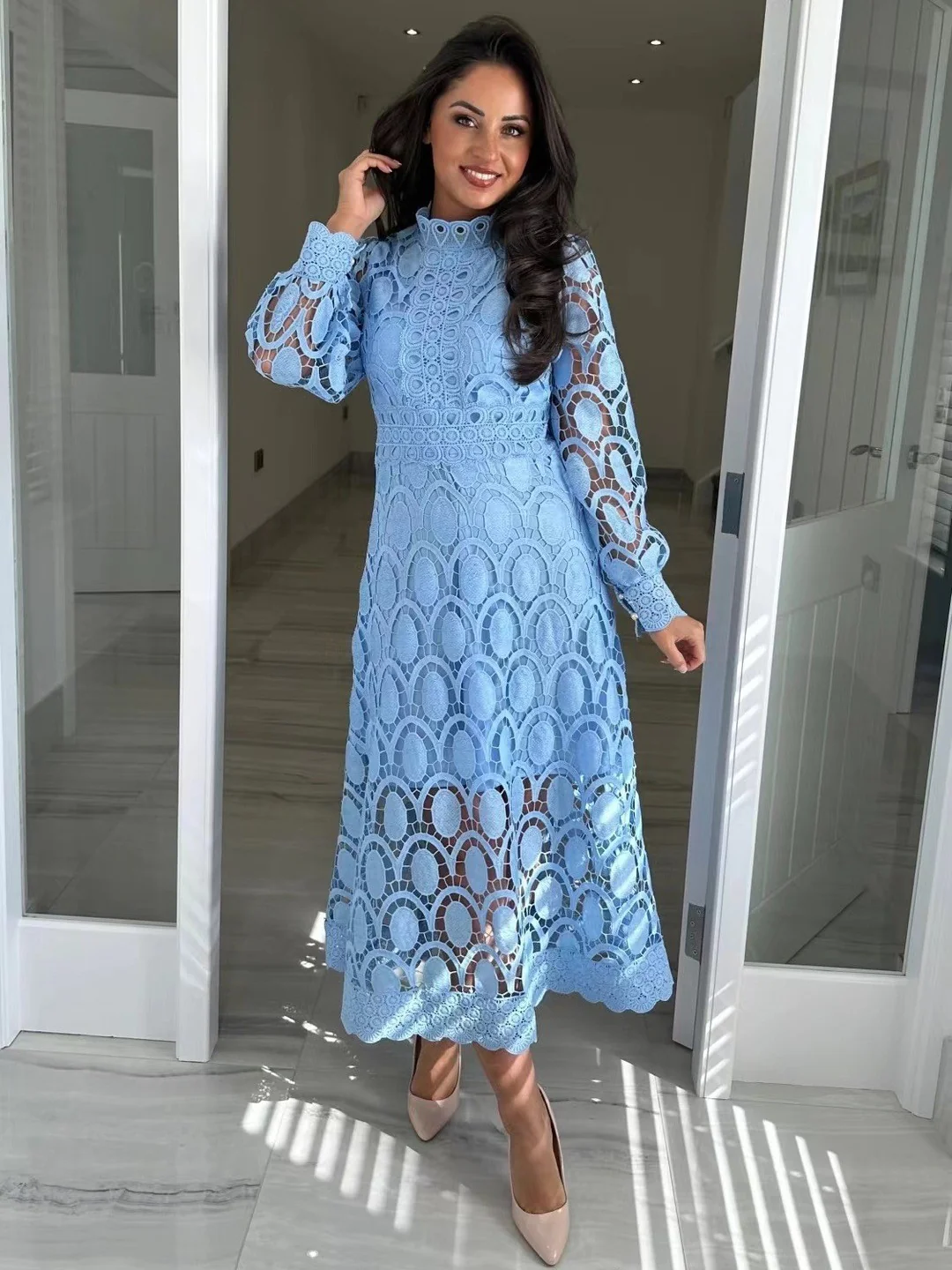 Hollow-out Long-sleeved Stand-up Collar Short Dress With Lace Trim - Image 4
