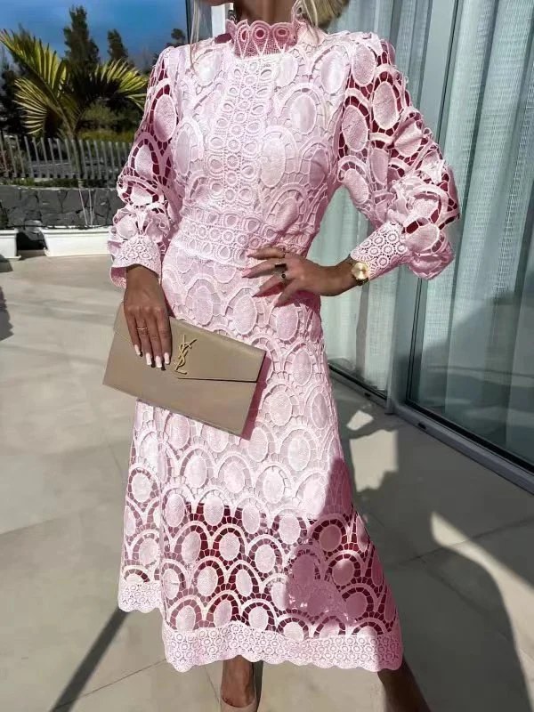 Hollow-out Long-sleeved Stand-up Collar Short Dress With Lace Trim - Image 5