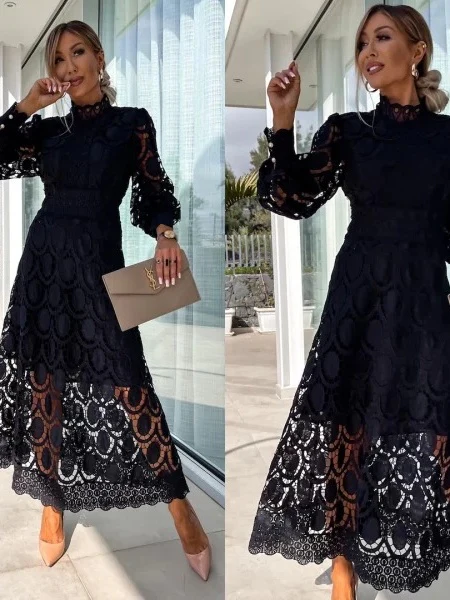 Hollow-out Long-sleeved Stand-up Collar Short Dress With Lace Trim - Image 7