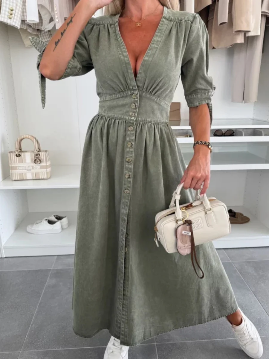 V-neck Short-sleeved Loose-fitting Denim Button-down Long Dress - Image 10