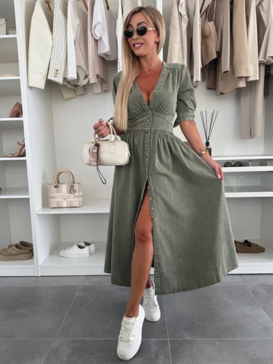 V-neck Short-sleeved Loose-fitting Denim Button-down Long Dress - Image 11