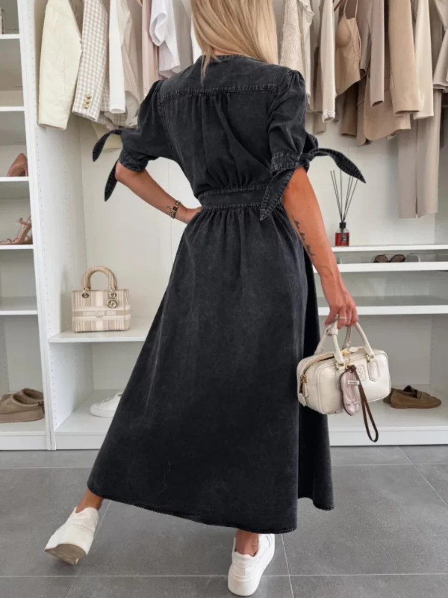 V-neck Short-sleeved Loose-fitting Denim Button-down Long Dress - Image 2