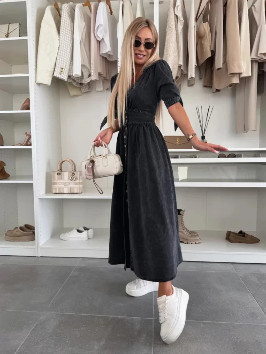 V-neck Short-sleeved Loose-fitting Denim Button-down Long Dress - Image 3