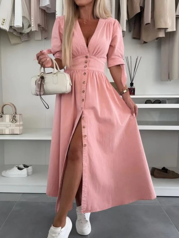 V-neck Short-sleeved Loose-fitting Denim Button-down Long Dress - Image 4