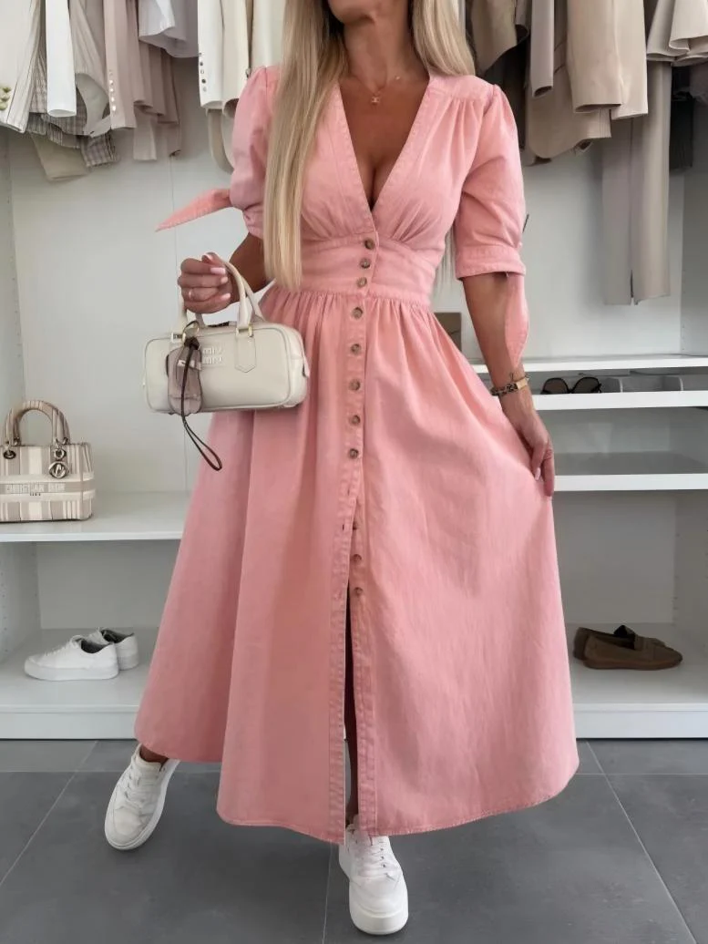 V-neck Short-sleeved Loose-fitting Denim Button-down Long Dress - Image 5