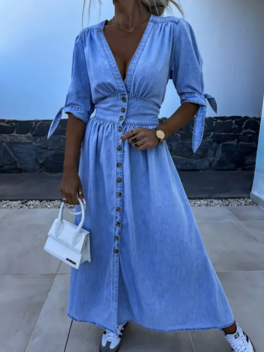 V-neck Short-sleeved Loose-fitting Denim Button-down Long Dress - Image 6