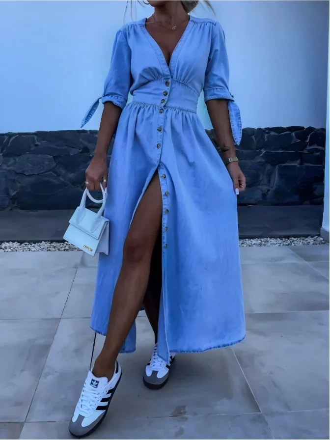 V-neck Short-sleeved Loose-fitting Denim Button-down Long Dress - Image 7