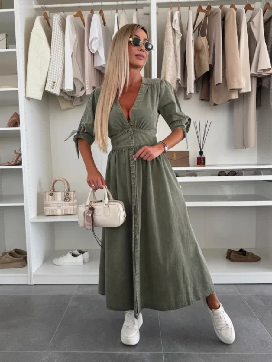 V-neck Short-sleeved Loose-fitting Denim Button-down Long Dress - Image 8