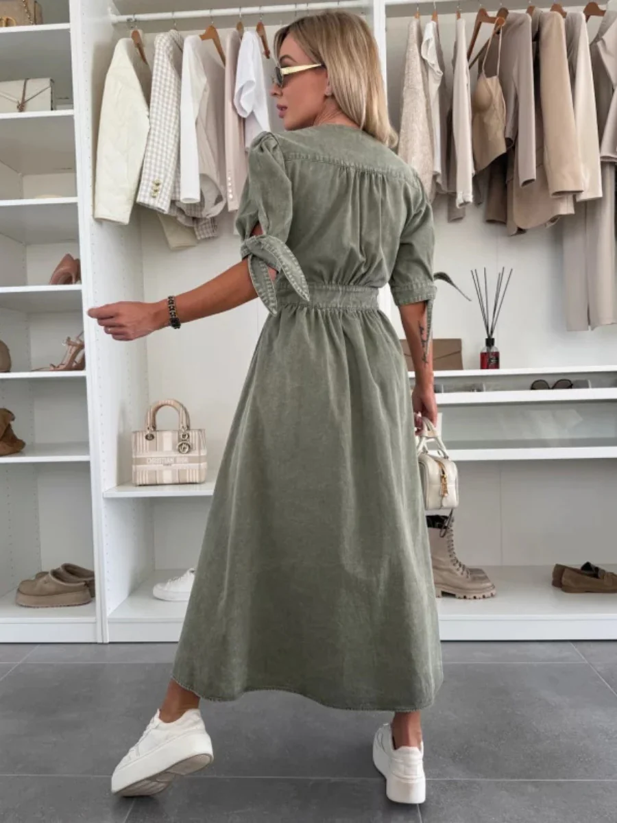 V-neck Short-sleeved Loose-fitting Denim Button-down Long Dress - Image 9