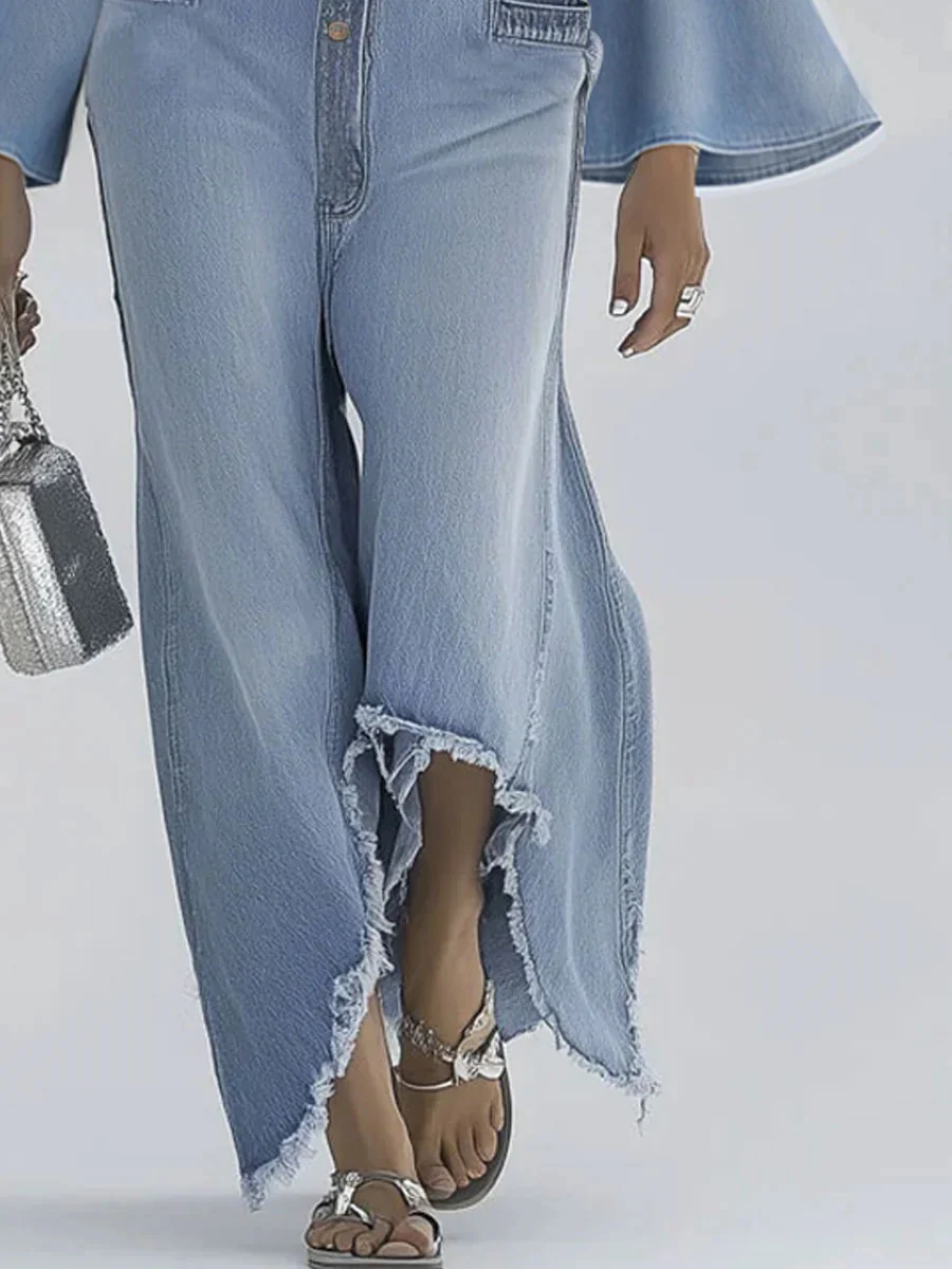 Loose-fitting Solid Color Casual Single-breasted Deep V-neck Denim Jumpsuit - Image 4