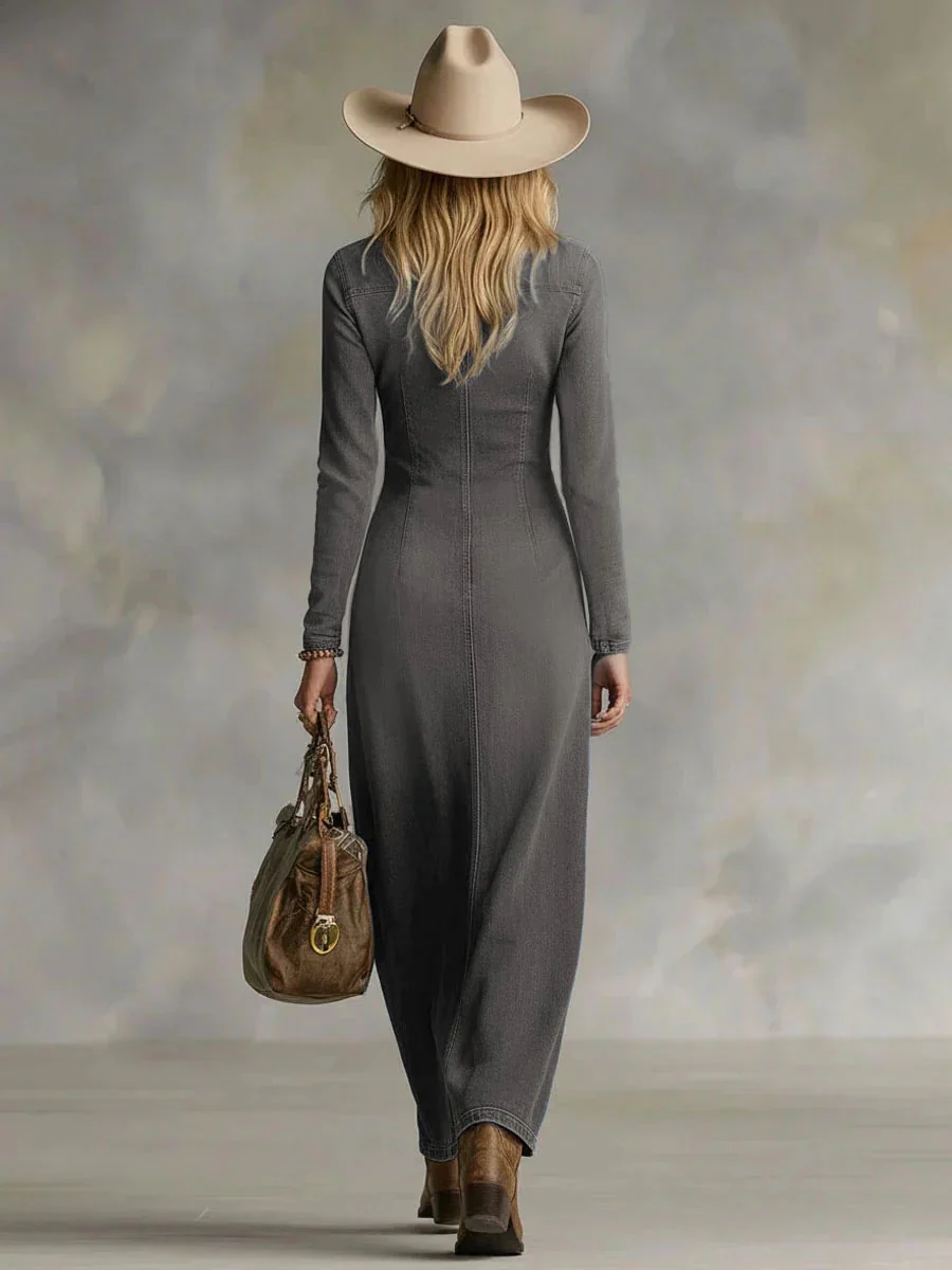 Long-sleeved V-neck Split Solid Color Denim Maxi Dress - Image 4