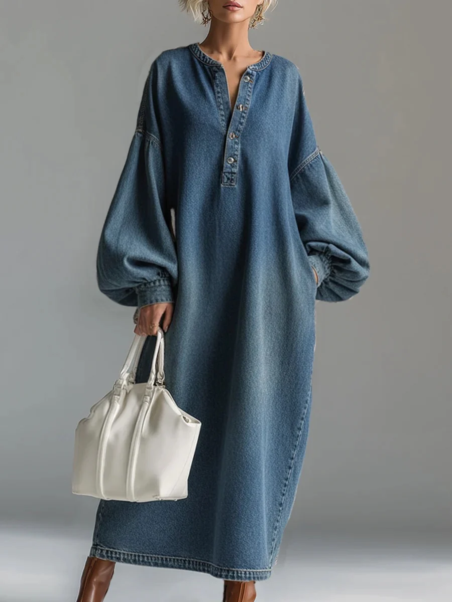 Lantern Sleeve Midi Denim Skirt
