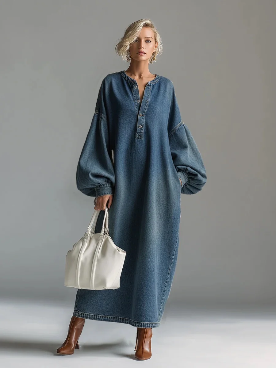 Lantern Sleeve Midi Denim Skirt - Image 3